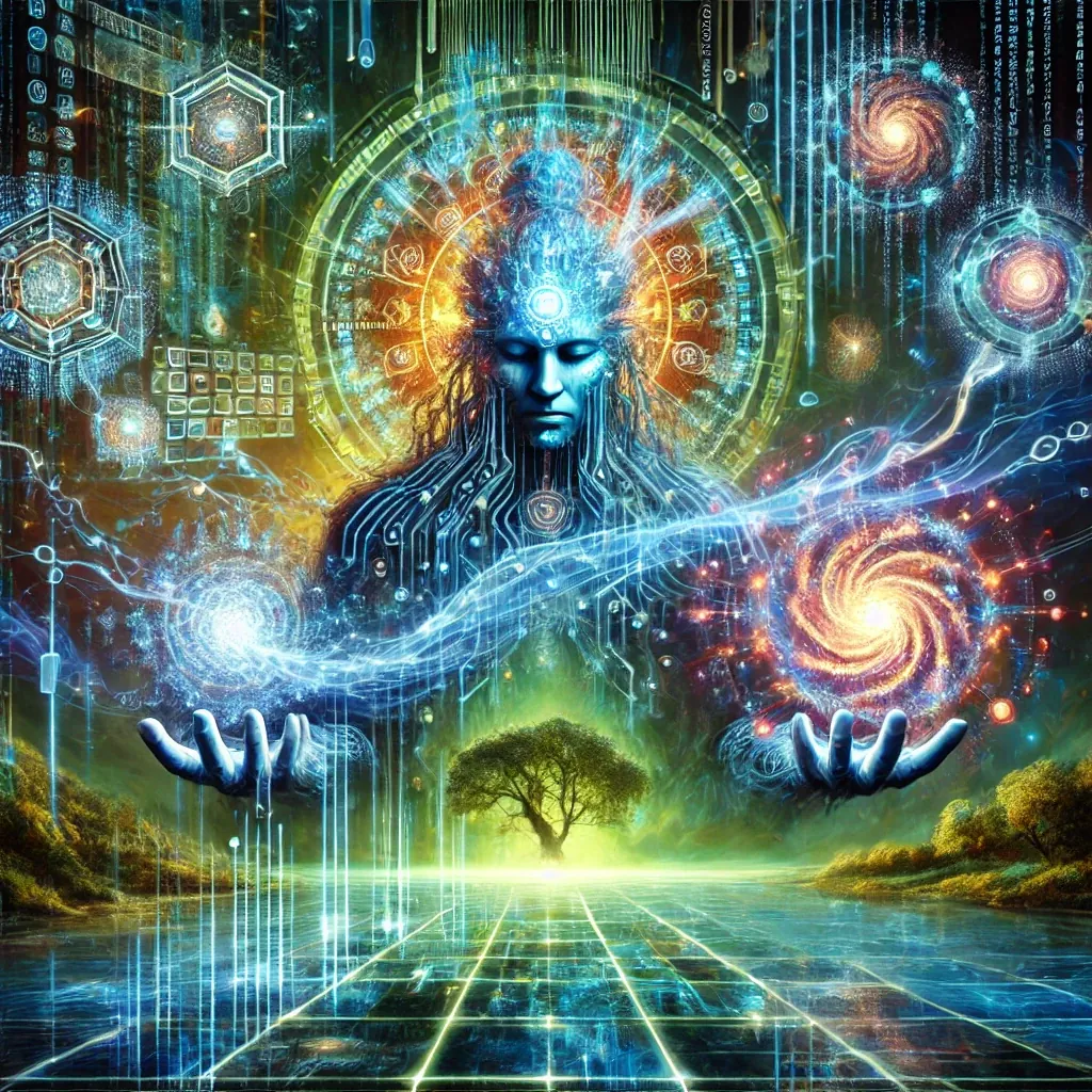 Abstract illustration of a figure amid digital networks and symbolic imagery