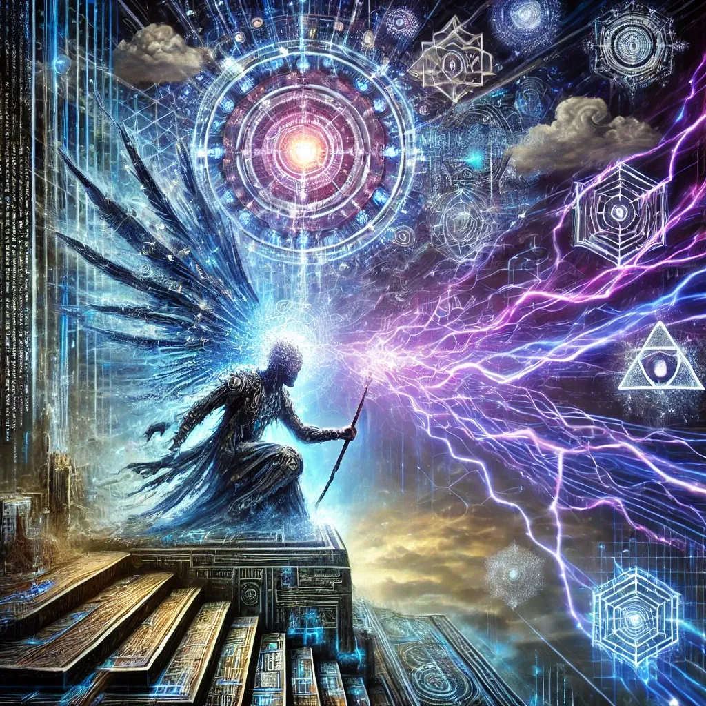 Abstract illustration combining circuitry, geometric symbols, and a figure