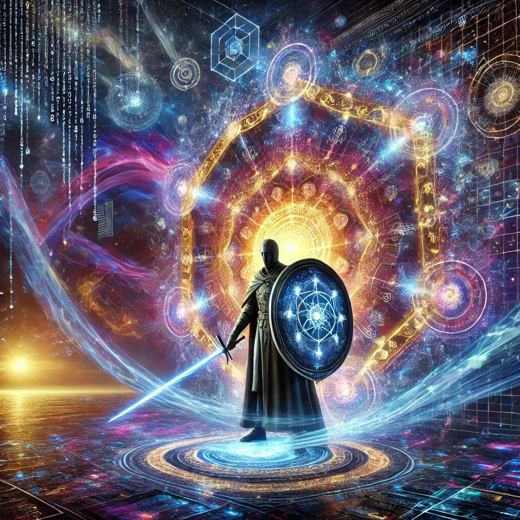 Abstract illustration of a guarded figure before networks and symbolic imagery