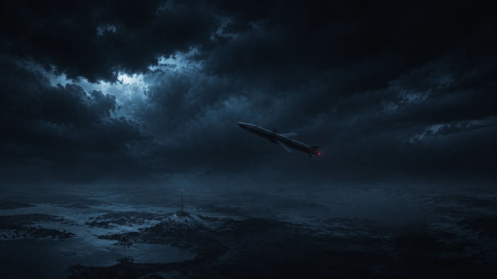Illustration of the Burevestnik cruise missile flying over Arctic terrain