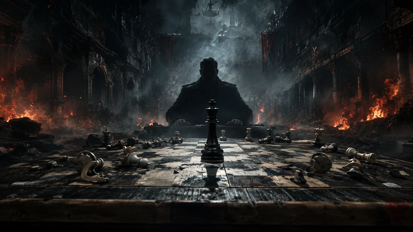 Illustration of a devastated chessboard and a solitary king, representing sacrificial strategy