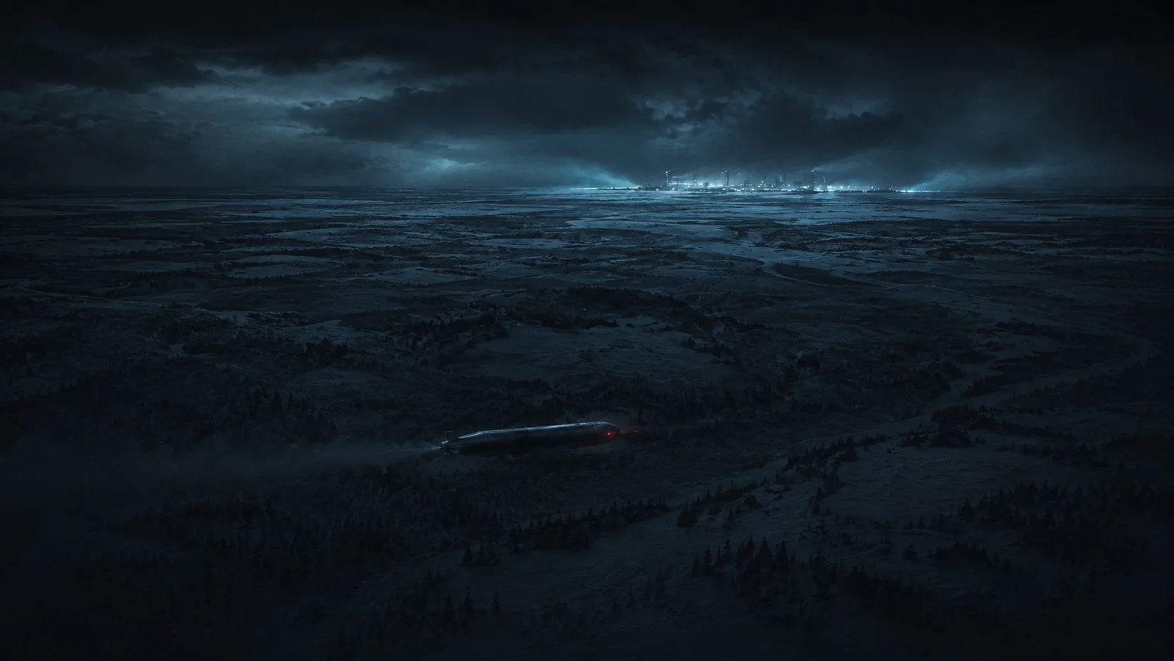 Illustration of a cruise missile flying through an Arctic night