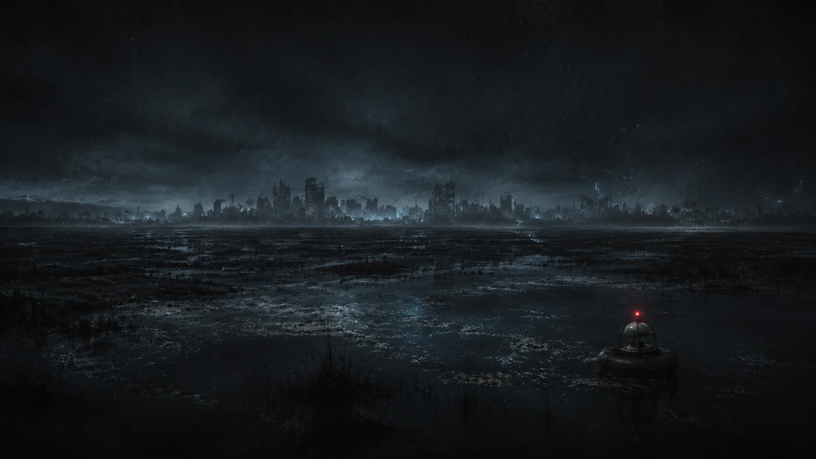 Conceptual illustration of a city under radioactive fallout