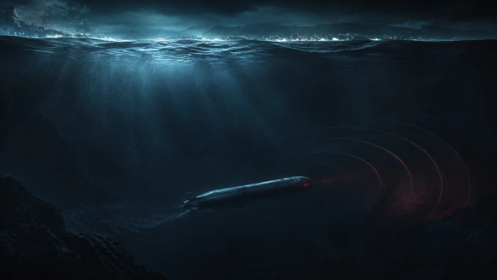 Illustration of an underwater nuclear drone, representing Poseidon