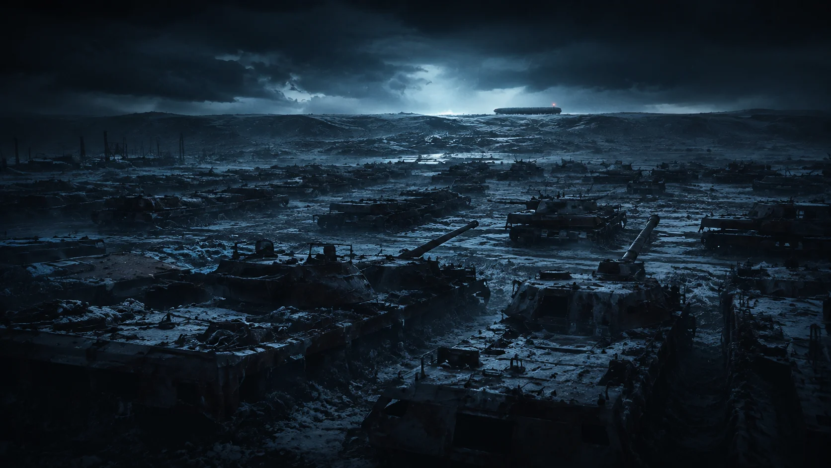 Illustration of rusting armored vehicles beneath a distant missile