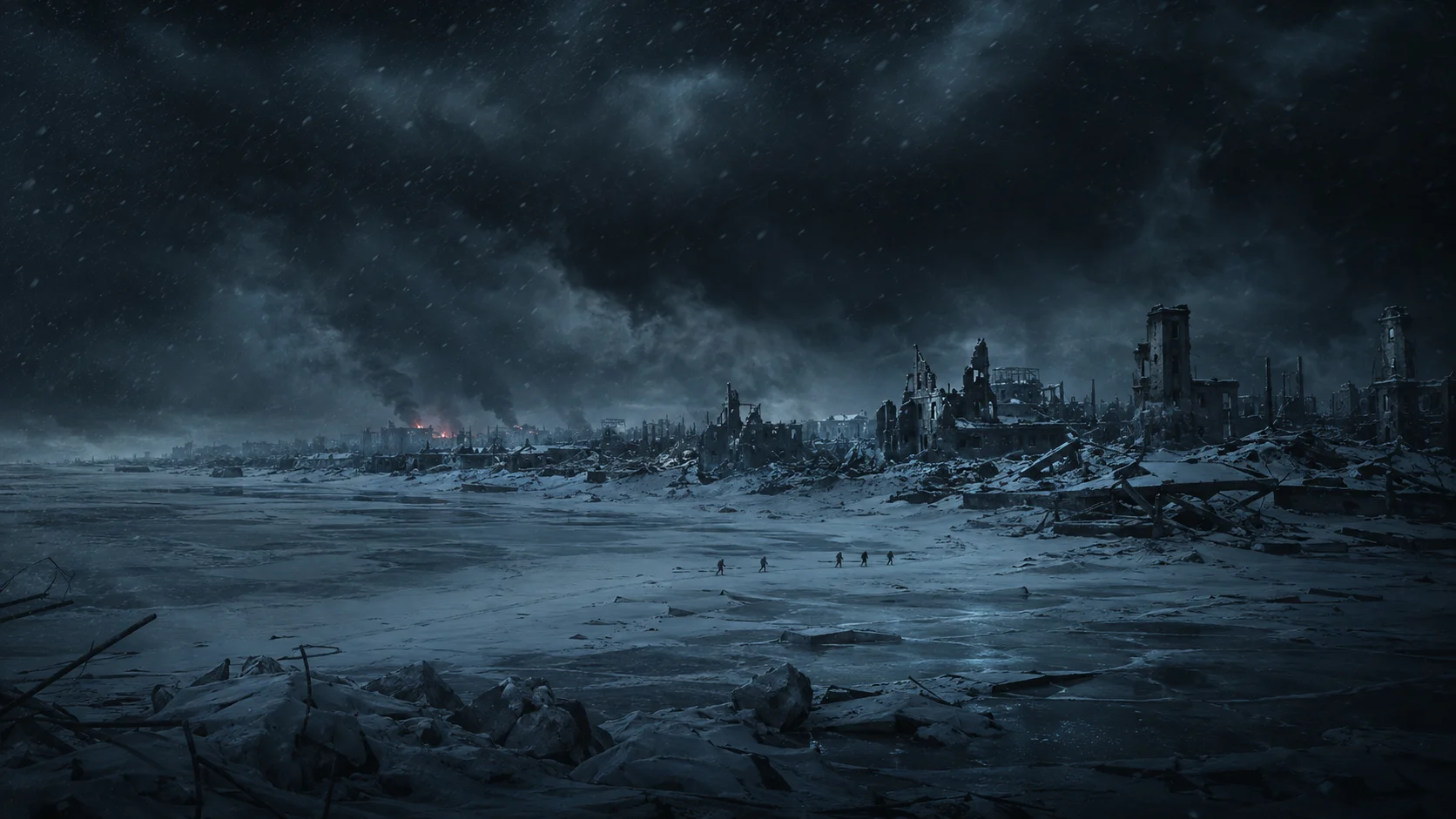 Illustration of the ruined city of Stalingrad beneath a winter sky