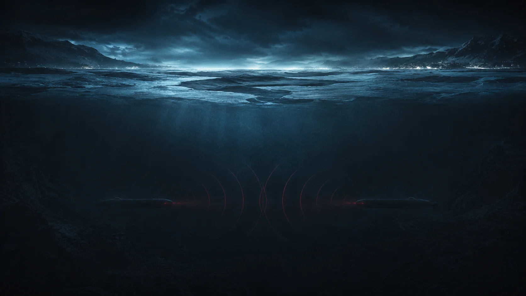 Illustration of submarines beneath frozen water, representing underwater nuclear deterrence