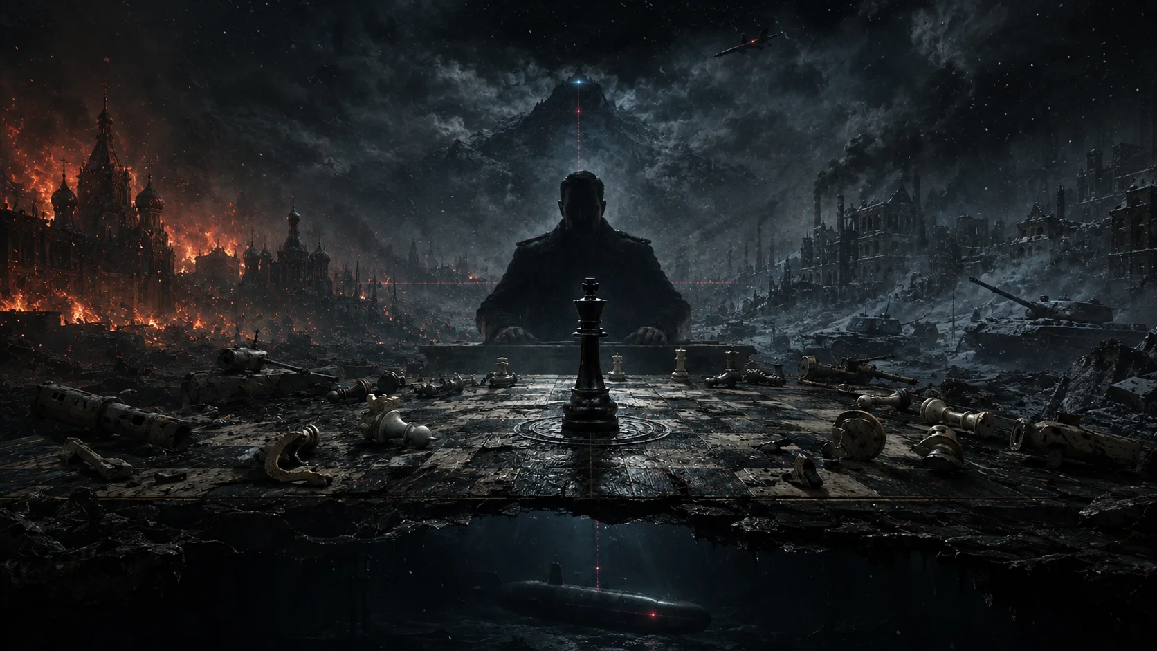 Conceptual illustration of Russian strategic sacrifice: a chess king amid war, devastation, and nuclear deterrence